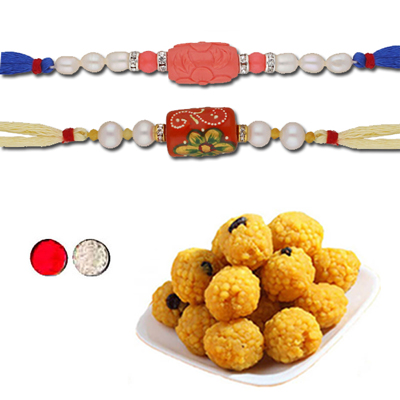 "COMBO OF 2 PEARL RAKHI - JPJUL-22-05CMB, 500gms of Laddu - Click here to View more details about this Product